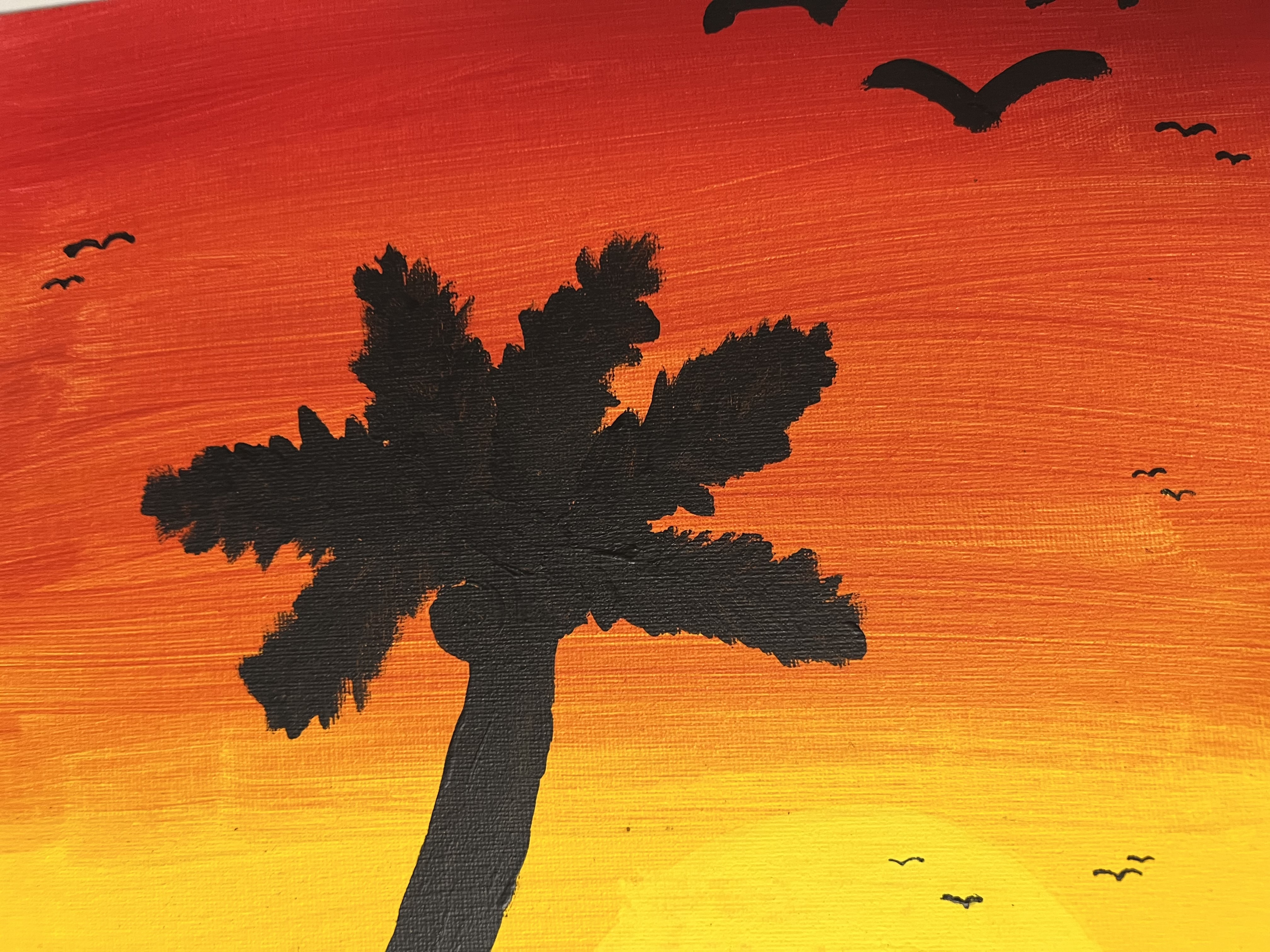  Ein gelamltes Bild mit einer schwarzen Palme vor rot-orangenem Hintergrund 