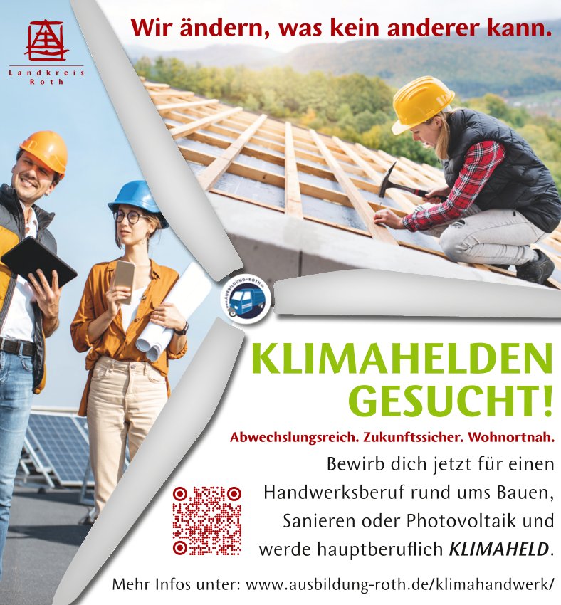  Fotocollage von einem Dachdecker, jungen Leuten mit Baustellenhelmen, dazu die Aufschrift Klimahelden gesucht 