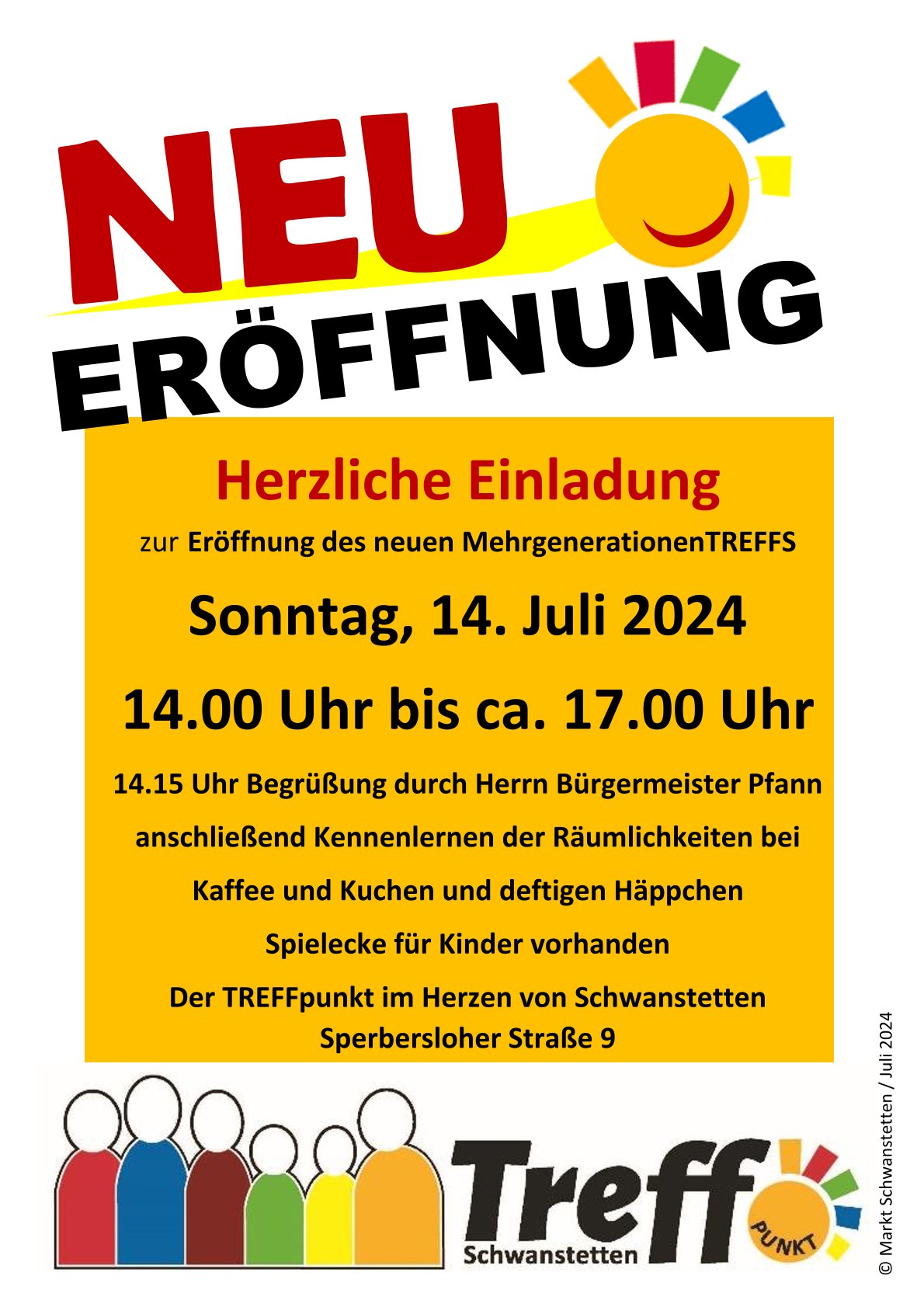  Plakat mit Datum und Urhzeit zur Eröffnung des Bürgertreffs 