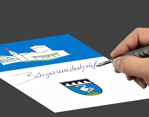 Fotomontage einer Hand mit Stift, die das wort Bürgermeisterbrief auf ein Papier mit dem Schwanstettener Wappen schreibt